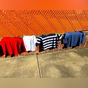 4 women’s tops for $15.00. Red white and blue! The striped one is a sweater.